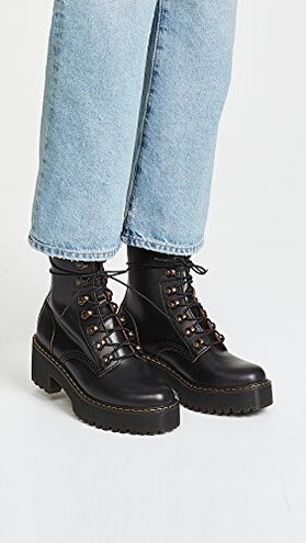 Dr. Martens Women's Leona Leather Heeled Boot, Black Smooth, 8