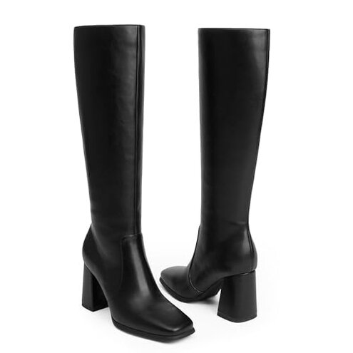 Modatope Black Knee High Chunky Heel Boots Square Toe Tall Boots for Women Block Heel Side zipper Fall Boots Women Size 8