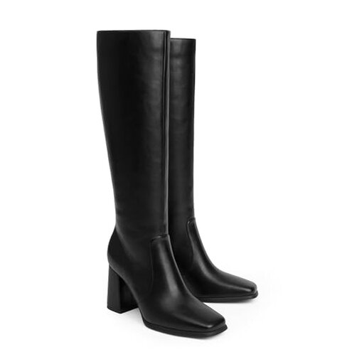 Modatope Black Knee High Chunky Heel Boots Square Toe Tall Boots for Women Block Heel Side zipper Fall Boots Women Size 8