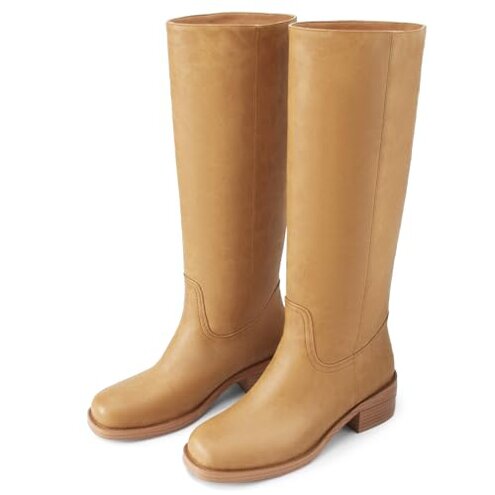 Gothictor Women's Banana Knee High Boots Square Toe Chunky Block Heel Comfortable Low Heel Pull on Wide Calf Riding Long Boots for Women 8