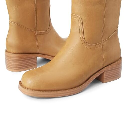 Gothictor Women's Banana Knee High Boots Square Toe Chunky Block Heel Comfortable Low Heel Pull on Wide Calf Riding Long Boots for Women 8