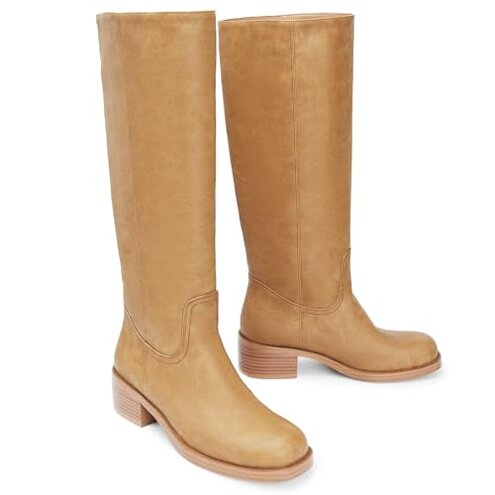 Gothictor Women's Banana Knee High Boots Square Toe Chunky Block Heel Comfortable Low Heel Pull on Wide Calf Riding Long Boots for Women 8