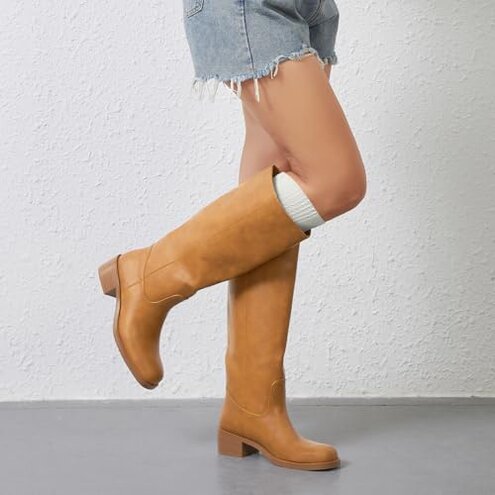 Gothictor Women's Banana Knee High Boots Square Toe Chunky Block Heel Comfortable Low Heel Pull on Wide Calf Riding Long Boots for Women 8