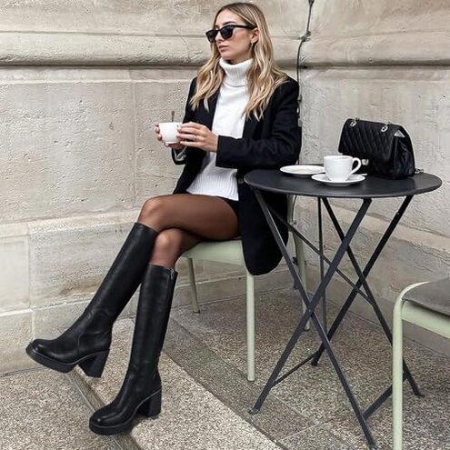Choiran Black Knee High Boots for Women - Wide Calf Platform Tall Boots Square Toe Chunky Block Heeled Gogo Boots B 8