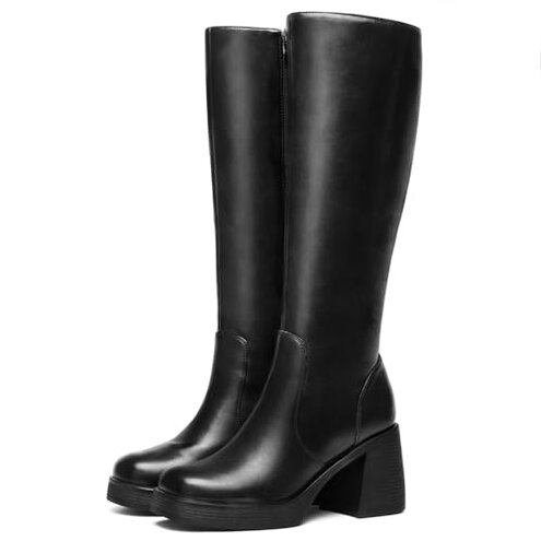 Choiran Black Knee High Boots for Women - Wide Calf Platform Tall Boots Square Toe Chunky Block Heeled Gogo Boots B 8