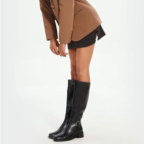 QIY Black Tall Boots for Women Knee High Black Heel Boots No Heel Riding Square Toe Dress Flat Leather Heeled Fall 2025 Chunky Long Boot Size 8.5