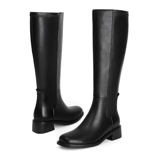 QIY Black Tall Boots for Women Knee High Black Heel Boots No Heel Riding Square Toe Dress Flat Leather Heeled Fall 2025 Chunky Long Boot Size 8.5