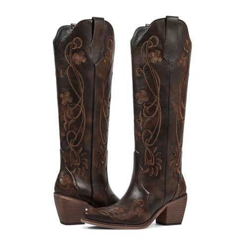 wetkiss Knee High Cowgirl Cowboy Boots for Women Dark Brown Western Cowgirl Boots Womens Country Western Tall