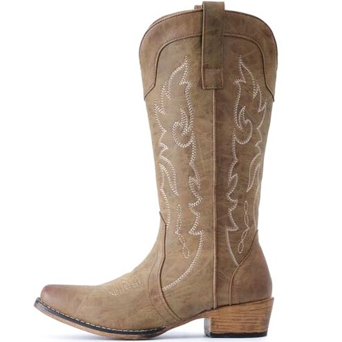 IUV Cowboy Boots for Women Mid Calf Fashion Cowgirl Boots with Embroidery Western Snip Toe