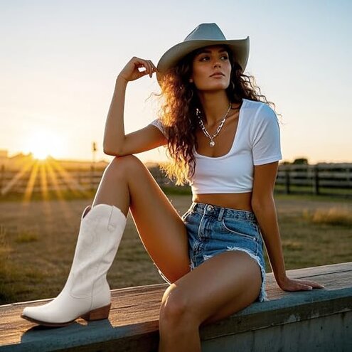 Choiran White Cowboy Boots for Women - Embroidered Cowgirl Carter Outfits Boots Western Mid Calf Cowboy Carter Fashion Chunky Heel Pointed Toe Country Boot 8