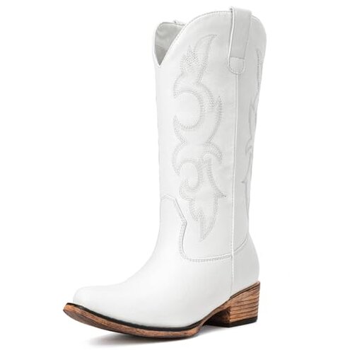 Choiran White Cowboy Boots for Women - Embroidered Cowgirl Carter Outfits Boots Western Mid Calf Cowboy Carter Fashion Chunky Heel Pointed Toe Country Boot 8