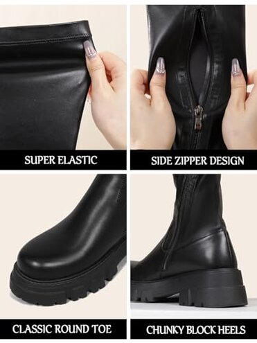 CouieCuies Black Thigh High Boots For Women Platform Over The Knee High Boots Lug Sole Comfortable Stretch Boots Low Heels Black 8