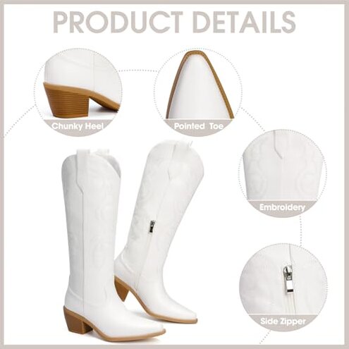 Platikly White Cowboy Boots for Women - Embroidered Western Cowgirl Boots, Wide Calf Knee High Tall Footwear, Almond Pointed Toe Chunky Heel Pull On Zipper Classic Retro Country Style US 8