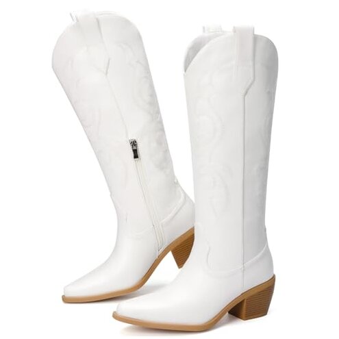 Platikly White Cowboy Boots for Women - Embroidered Western Cowgirl Boots, Wide Calf Knee High Tall Footwear, Almond Pointed Toe Chunky Heel Pull On Zipper Classic Retro Country Style US 8