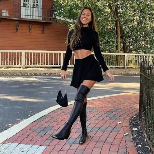 ElegaStep Women Thigh High Boots Leather PU Stretch Over The Knee Boots Slim Calf Block Chunky Heel Metal Pointed Toe Cowboy Style Dress Long Boots Zipper Black US 8