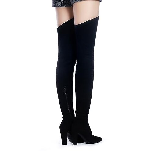 Shoe'N Tale Women Stretch Suede Chunky Heel Over The Knee Boots Thigh High for Women (7.5,Suede Black)