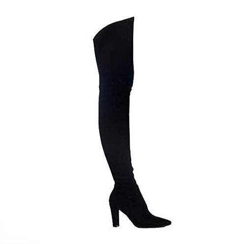 Shoe'N Tale Women Stretch Suede Chunky Heel Over The Knee Boots Thigh High for Women (7.5,Suede Black)