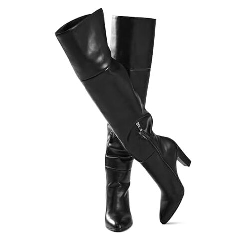 Mtzyoa Over the Knee Boots for Women Black Size 10 Winter Suede Block Heel Thigh High Stretch Above Knee Pointed Toe