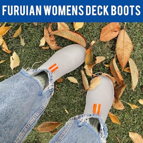 Furuian Women's Deck Boots Ankle Rain Boots Fishing Boots Rubber Waterproof Garden Shoes Slip-Resistant Outdoor Work Shoes, Grey, Size 8