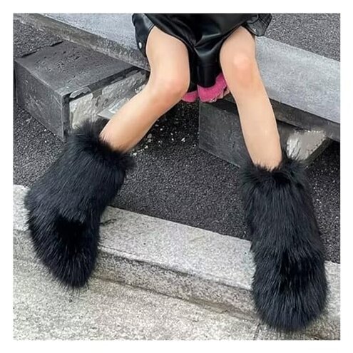IXU Women's Faux Fur Boot Furry Fluffy Round Toe Suede Snow Winter Women Boots Comfy Plush Warm Short Outdoor Indoor Flat Shoes Mid-Calf Boots