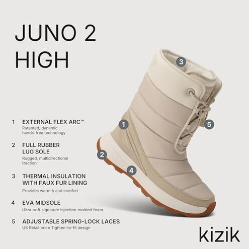 Kizik Juno 2 High Slip On Snow Boots for Women: Durable Rubber Soles for Any Terrain, Faux Fur Lining for Warmth During Winter Daily Wear - Oatmeal/Pristine W9