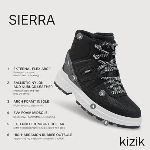 Kizik Sierra Slip On Boots for Women: Durable Rubber Soles for Any Terrain, Winter Snow, Hiking, or Urban Daily Wear - Black/White W8.5