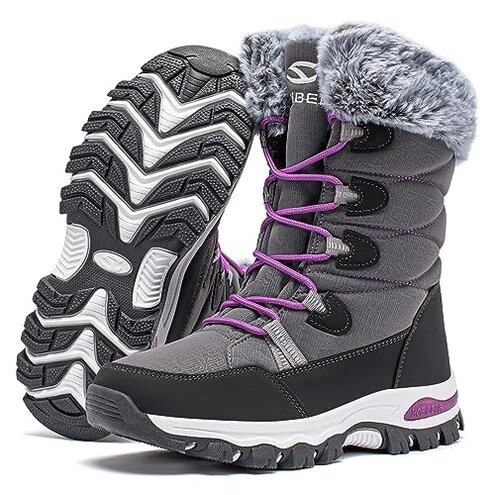 HOBIBEAR Women's Waterproof Winter Snow Boots Lightweight Warm Faux Fur Lined Mid-Calf Booties(Grey/New,8