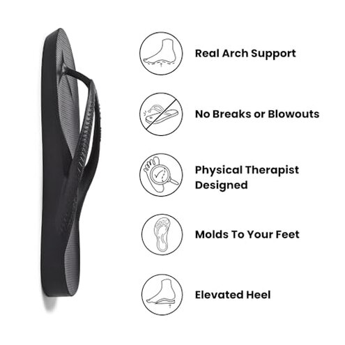 Archies Arch Support Flip Flops for Men & Women – Orthotic Sandals for Plantar Fasciitis Relief – Lightweight, Cushioning, Shock-Absorbing Sandals for Walking, Foot Pain & All-Day Comfort - Black (US Men's 7 / US Women's 8)