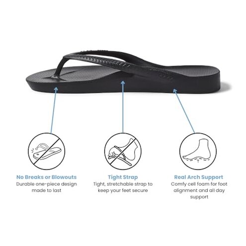 Archies Arch Support Flip Flops for Men & Women – Orthotic Sandals for Plantar Fasciitis Relief – Lightweight, Cushioning, Shock-Absorbing Sandals for Walking, Foot Pain & All-Day Comfort - Black (US Men's 7 / US Women's 8)