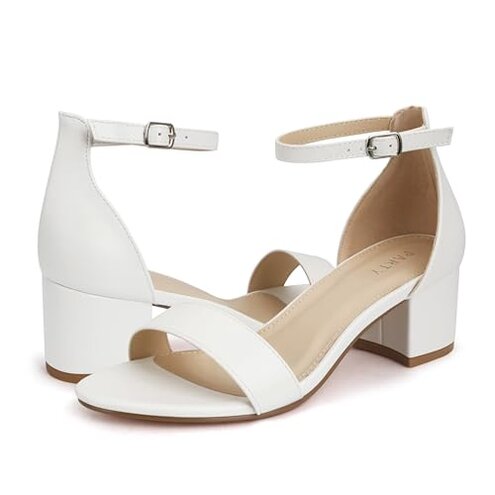 PARTY Women's Open Toe Ankle Strap Low Block Chunky Heels Sandals, White Pu B, 8