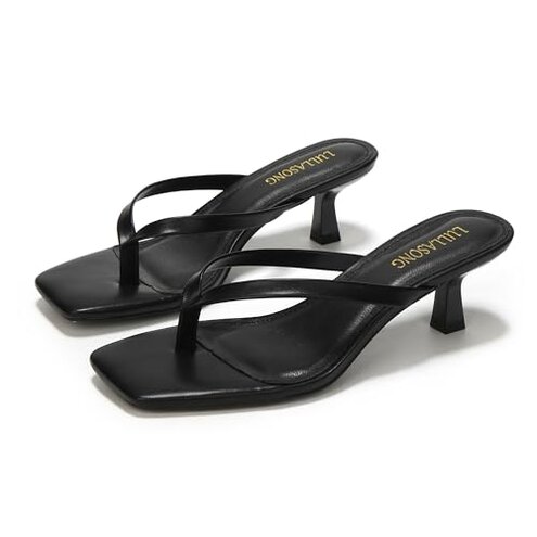 LULLASONG Women's Black Kitten Heels Sandals Square Open Toe Flip Flop Heels 1.8-2 Inch Heeled Sandals for Women