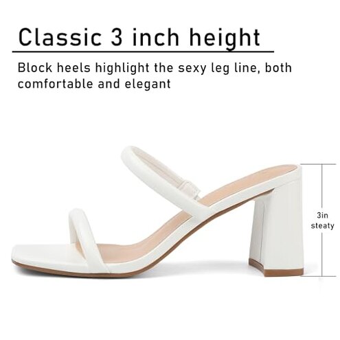 Avidirk Women's Square Open Toe Heeled Sandals Two Strap Mules Slip On Block Chunky Mid White Heels Sandals