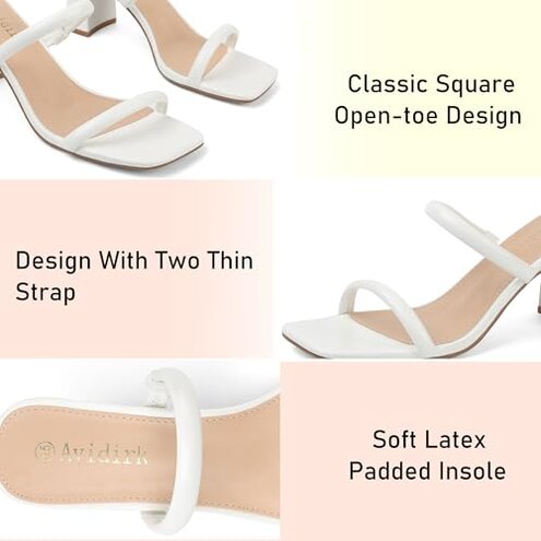 Avidirk Women's Square Open Toe Heeled Sandals Two Strap Mules Slip On Block Chunky Mid White Heels Sandals