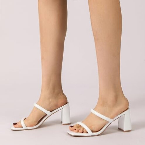 Avidirk Women's Square Open Toe Heeled Sandals Two Strap Mules Slip On Block Chunky Mid White Heels Sandals