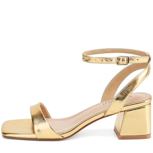 TEAIEUI Women's Heeled Sandals Strappy Low Block Heels Chunky for Women Comfortable Ankle Strap Open Toe Party Wedding Dress Shoes for Women Dressy Gold 8