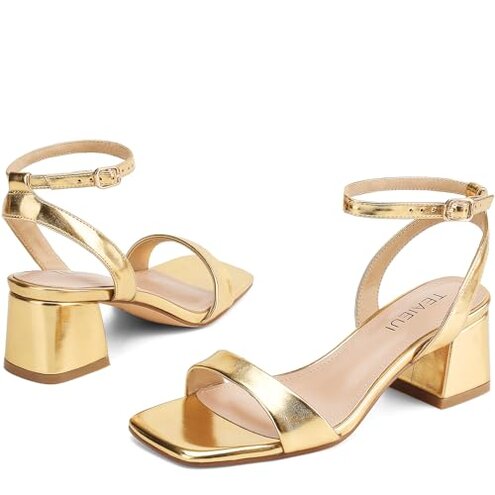 TEAIEUI Women's Heeled Sandals Strappy Low Block Heels Chunky for Women Comfortable Ankle Strap Open Toe Party Wedding Dress Shoes for Women Dressy Gold 8