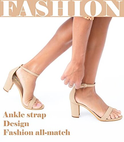 Ankis Nude Heels for Women - Open Toe Ankle Strap Chunky Heel Pump Sandals Party Wedding Strappy Buckle Sandals 2.75 Inches(Nude Nubuck, numeric_8)