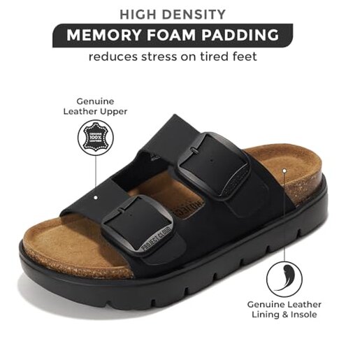 Project Cloud Genuine Leather Platform Sandals Women Footwear - Wedge Chunky Sandals Womens sandals with Memory Foam Insole and Cork Footbed (GREECECHUNKY, BLACKMONO, 8)