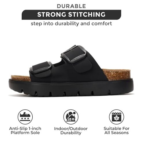 Project Cloud Genuine Leather Platform Sandals Women Footwear - Wedge Chunky Sandals Womens sandals with Memory Foam Insole and Cork Footbed (GREECECHUNKY, BLACKMONO, 8)