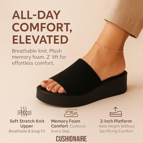 CUSHIONAIRE Pim Wedge Chunky Platform Womens Sandals with Firm Knit Upper & Memory Foam Summer Sandals for Women 2025, BLACK 8