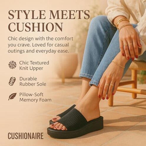 CUSHIONAIRE Pim Wedge Chunky Platform Womens Sandals with Firm Knit Upper & Memory Foam Summer Sandals for Women 2025, BLACK 8