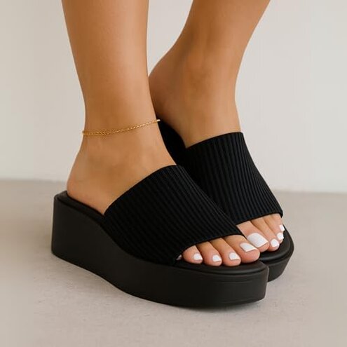 CUSHIONAIRE Pim Wedge Chunky Platform Womens Sandals with Firm Knit Upper & Memory Foam Summer Sandals for Women 2025, BLACK 8