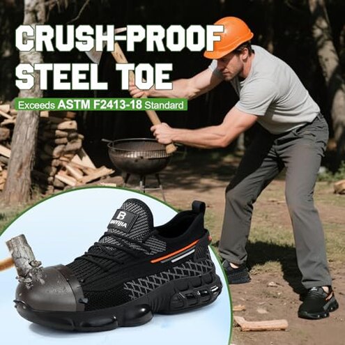 BAIYIJIA Steel Toe Shoes for Men Work Sneakers Air Cushion Construction Industrial Footwear Women Safety Footwear Lightweight Breathable Steel Toe Sneakers for Men Indestructible Shoes Comfortable Black Size 9.5