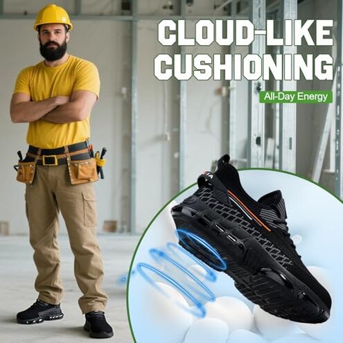 BAIYIJIA Steel Toe Shoes for Men Work Sneakers Air Cushion Construction Industrial Footwear Women Safety Footwear Lightweight Breathable Steel Toe Sneakers for Men Indestructible Shoes Comfortable Black Size 9.5