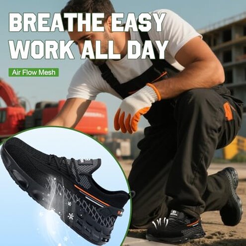 BAIYIJIA Steel Toe Shoes for Men Work Sneakers Air Cushion Construction Industrial Footwear Women Safety Footwear Lightweight Breathable Steel Toe Sneakers for Men Indestructible Shoes Comfortable Black Size 9.5