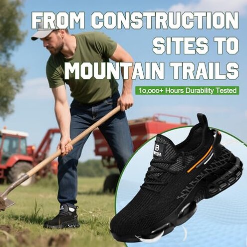 BAIYIJIA Steel Toe Shoes for Men Work Sneakers Air Cushion Construction Industrial Footwear Women Safety Footwear Lightweight Breathable Steel Toe Sneakers for Men Indestructible Shoes Comfortable Black Size 9.5