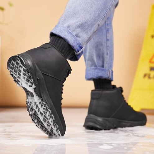 SHULOOK Non Slip Work Boots for Men Slip Resistant Shoes Waterproof Food Service Chef Kitchen Restaurant Working Boots Casual Leather Ankle Boot Outdoor Walking Booties Black Size 10.5