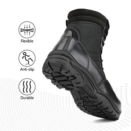 NORTIV 8 Men's Military Tactical Work Boots Side Zipper Leather Motorcycle Combat Boots Trooper(6-8 Inches),Size 10,Black-8 Inches