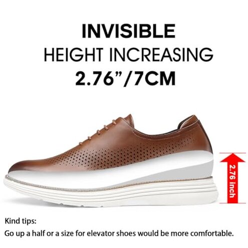 CHAMARIPA Men's Height Increase Shoes - Built-in Custom Lift Insole, Full-Grain Leather Comfortable and Breathable, Business Casual Oxford Elevator Shoes - 2.76 Inch Taller Brown