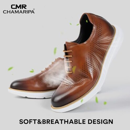CHAMARIPA Men's Height Increase Shoes - Built-in Custom Lift Insole, Full-Grain Leather Comfortable and Breathable, Business Casual Oxford Elevator Shoes - 2.76 Inch Taller Brown